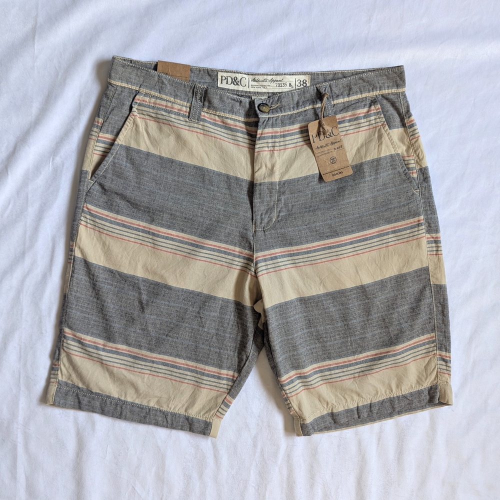 Mens PD&C Authentic Apparel 38 Cotton Shorts Logo Patch Horizontally Striped NWT